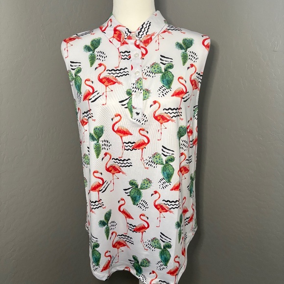 Bad Birdie NWT Sleeveless Golf Polo Shirt Flock With Me Sz XXL Cacti Flamingos - Picture 1 of 6
